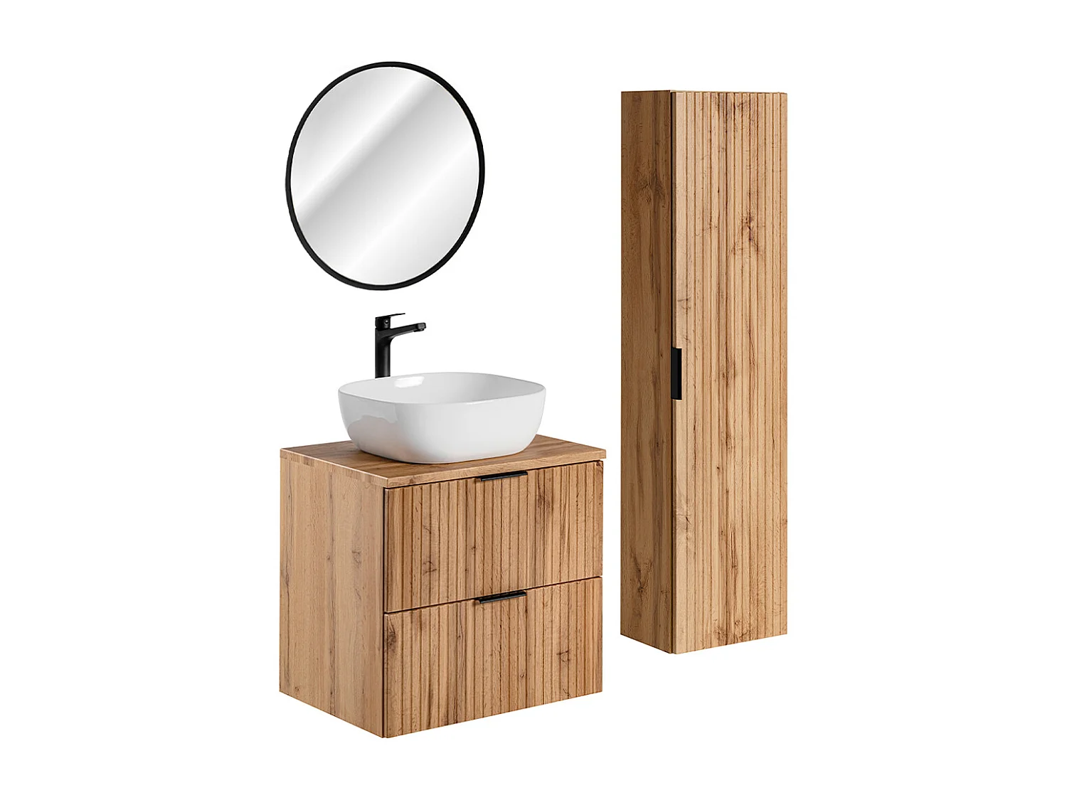 Ensemble meuble simple vasque 60cm miroir LED et colonne Adriel Bois