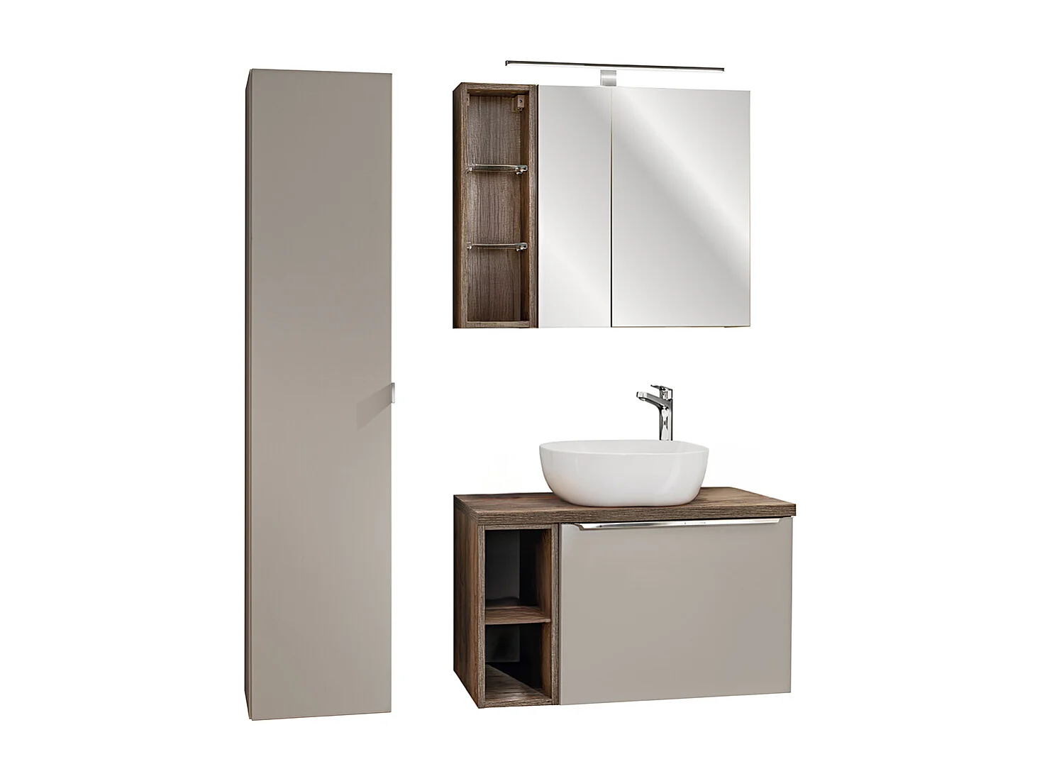 Ensemble meuble simple vasque 80cm 2 niches colonne et armoire murale Éros Taupe