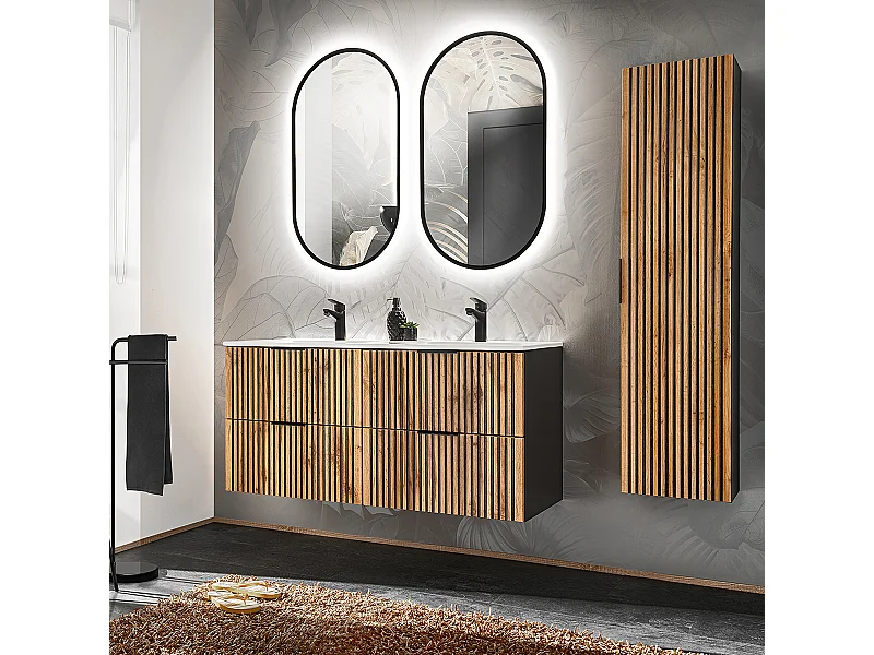 Set van 120cm dubbele inbouwwastafel met LED-spiegels en Gaia hout en zwart badmeubel