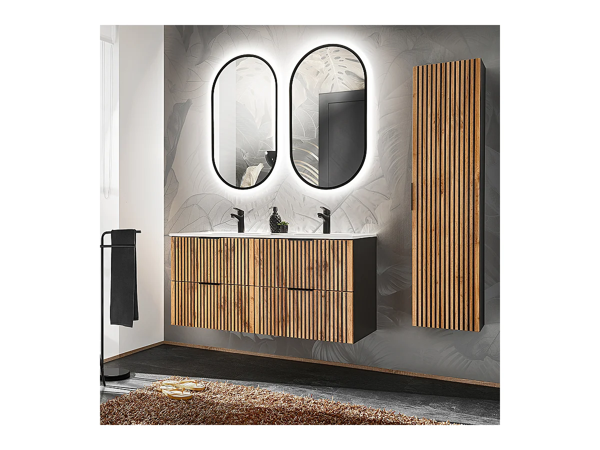 Ensemble meuble double vasque encastrée 120cm miroirs LED et colonne Gaia Bois et Noir