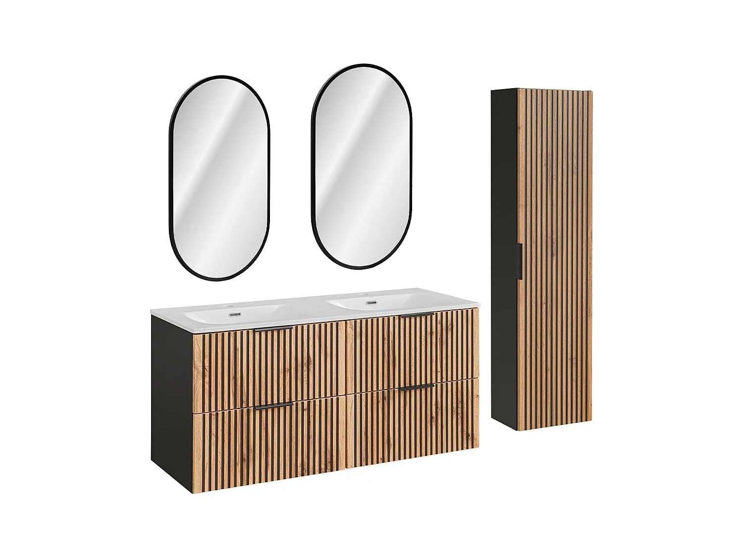 Ensemble meuble double vasque encastrée 120cm miroirs LED et colonne Gaia Bois et Noir