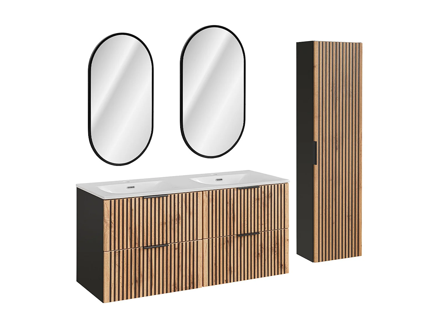 Ensemble meuble double vasque encastrée 120cm miroirs LED et colonne Gaia Bois et Noir