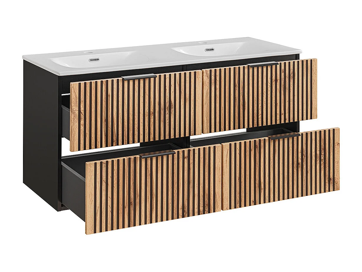 Ensemble meuble double vasque encastrée 120cm miroirs LED et colonne Gaia Bois et Noir