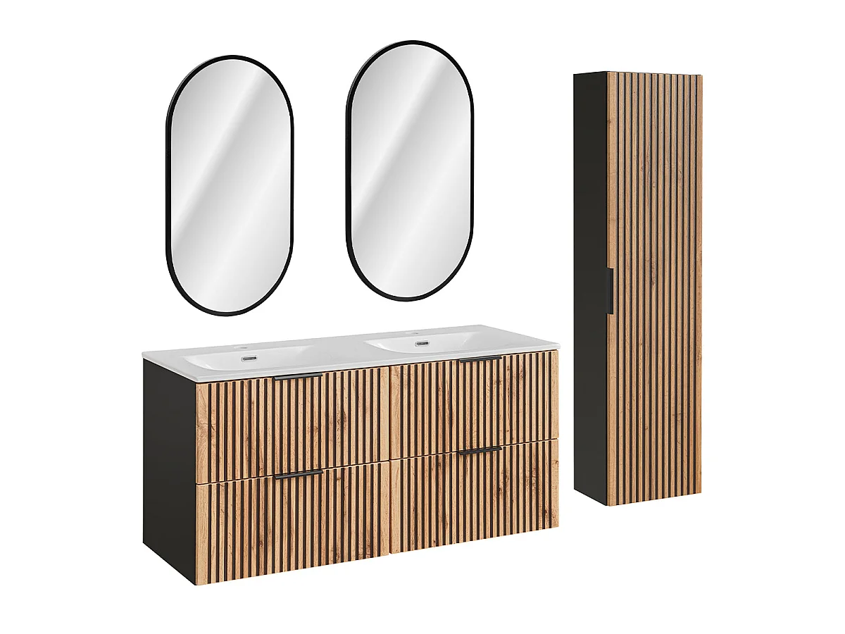 Ensemble meuble double vasque encastrée 120cm miroirs LED et colonne Gaia Bois et Noir