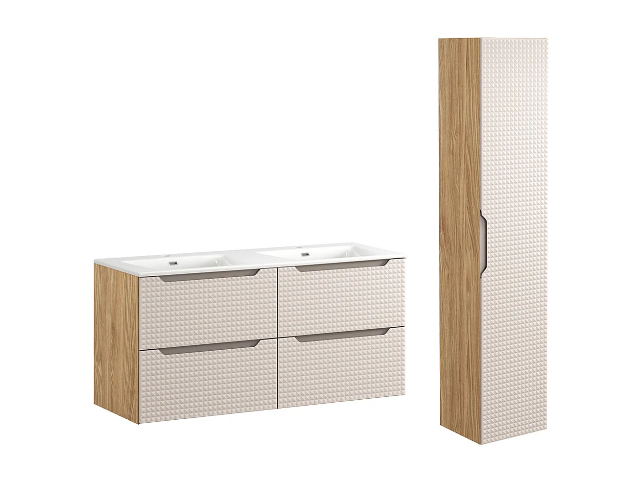 Ensemble meuble double vasque encastrée 120cm et colonne Mallory Beige et bois