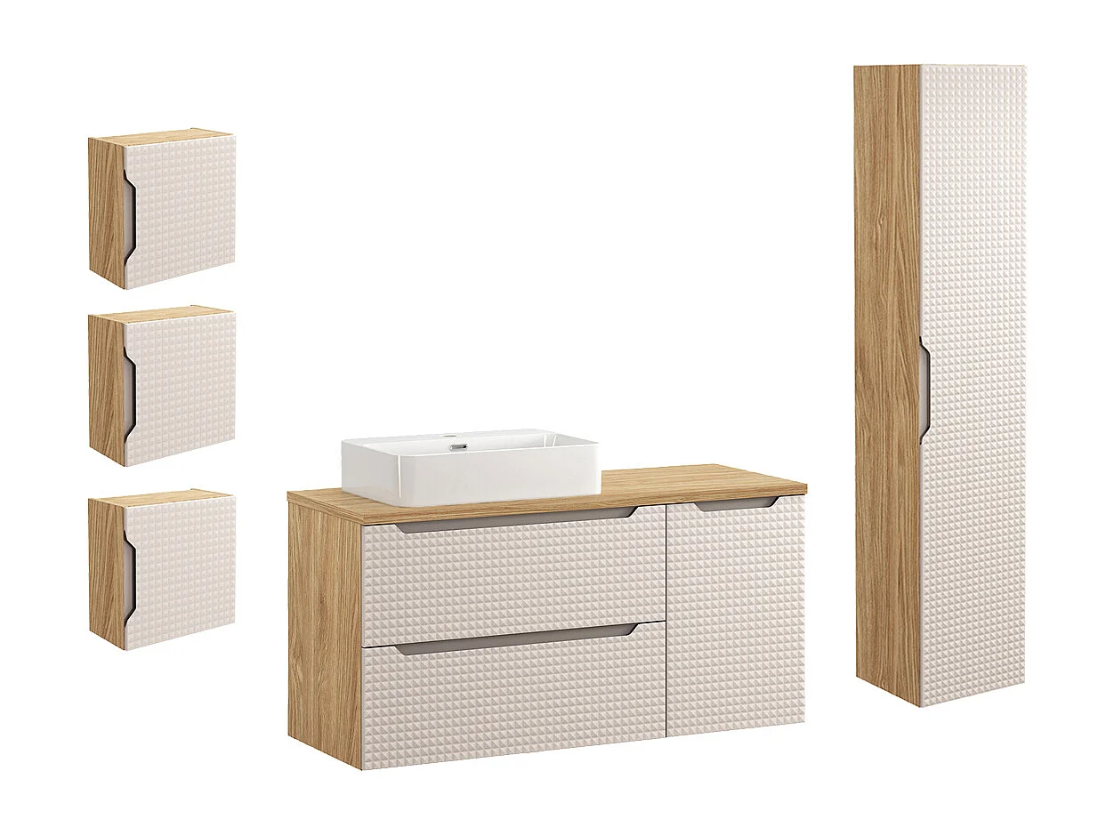 Ensemble meuble simple vasque 120cm colonne et 3 armoires murales Mallory Beige et bois