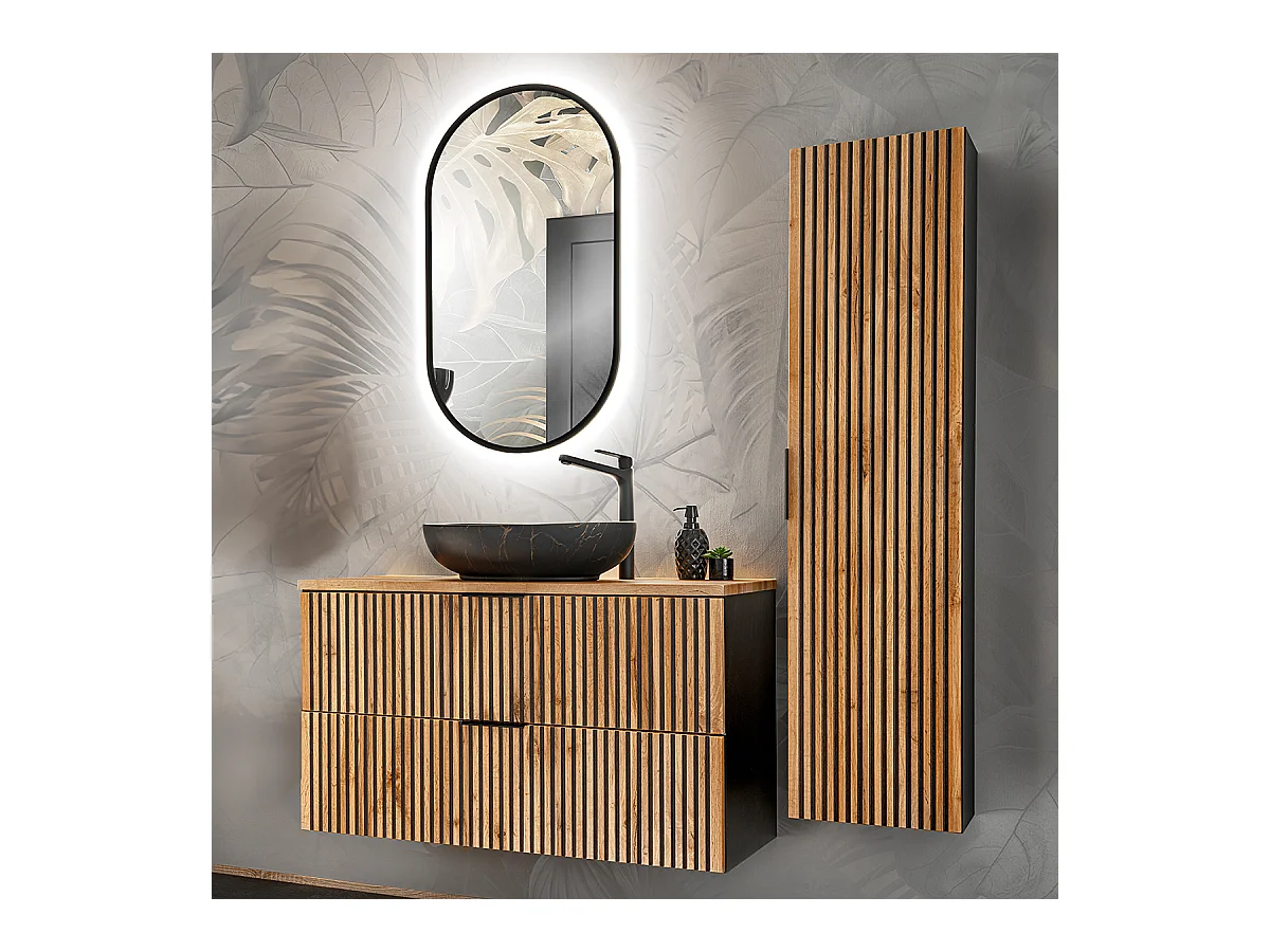 Ensemble meuble simple vasque 100cm miroir LED et colonne Gaia Bois et Noir - Vasque Noir