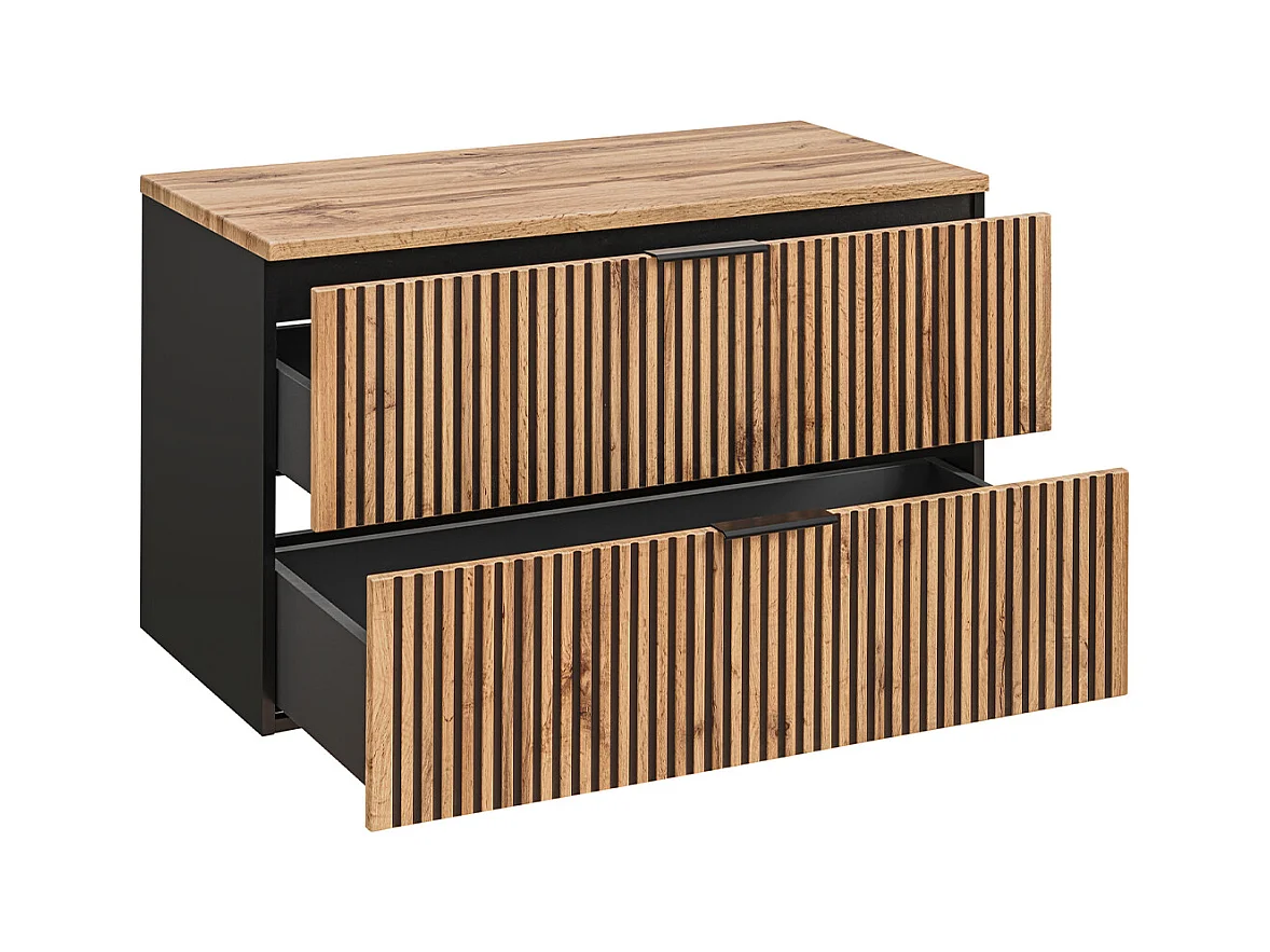 Ensemble meuble simple vasque 100cm miroir LED et colonne Gaia Bois et Noir - Vasque Noir