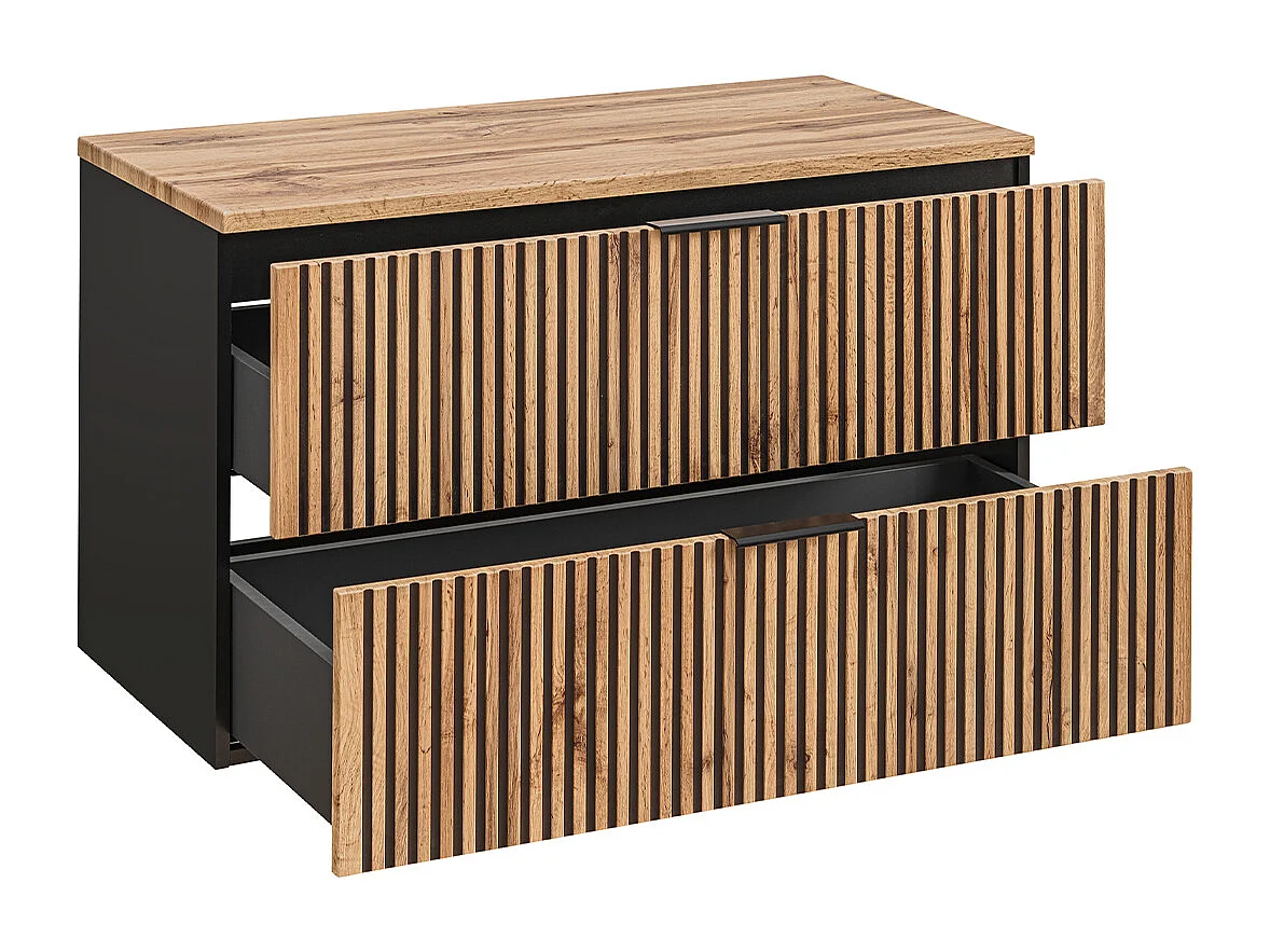 Ensemble meuble simple vasque 100cm miroir LED et colonne Gaia Bois et Noir - Vasque Noir