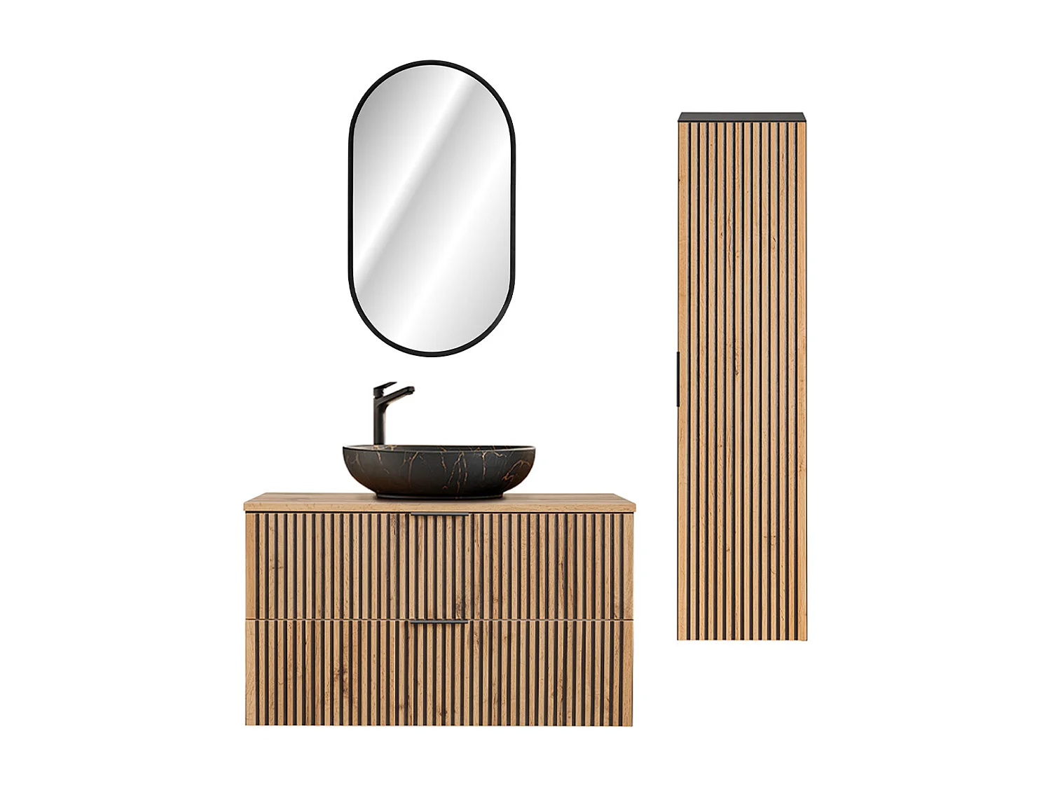 Ensemble meuble simple vasque 100cm miroir LED et colonne Gaia Bois et Noir - Vasque Noir
