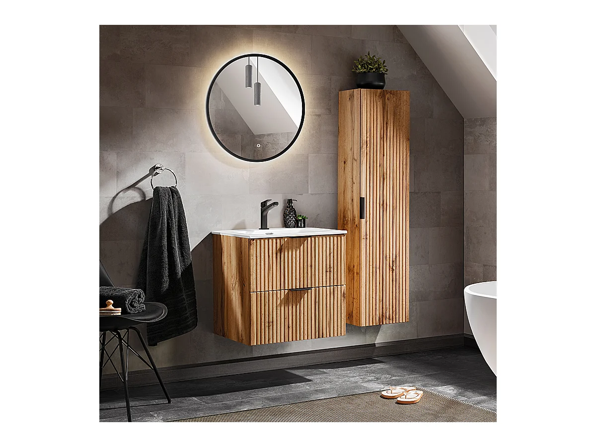 Ensemble meuble simple vasque encastrée 60cm miroir LED et colonne Adriel Bois