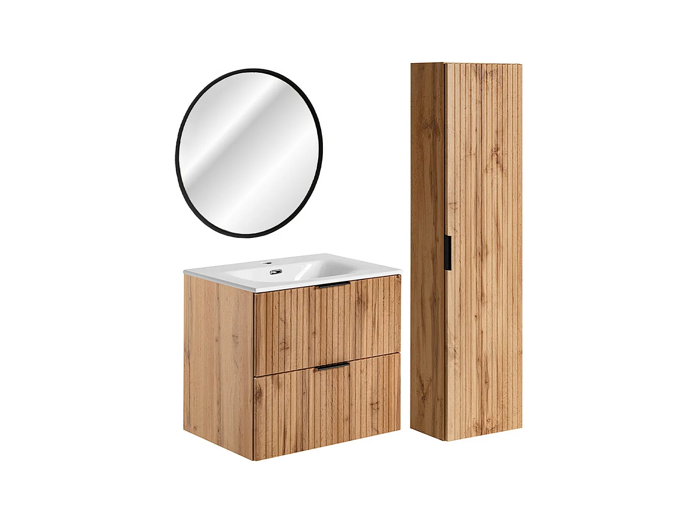 Ensemble meuble simple vasque encastrée 60cm miroir LED et colonne Adriel Bois