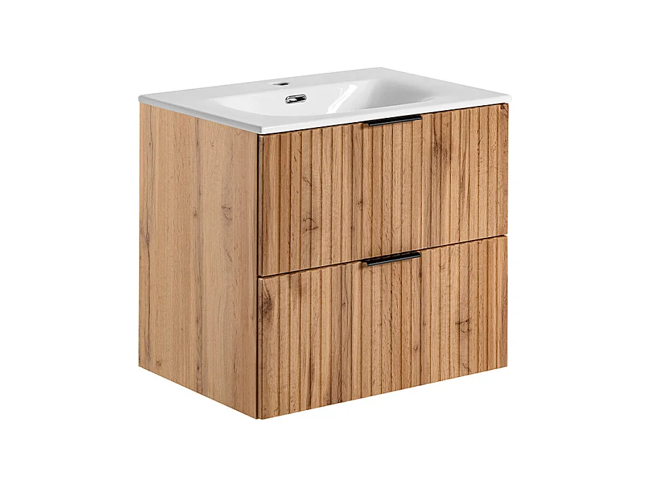 Ensemble meuble simple vasque encastrée 60cm miroir LED et colonne Adriel Bois