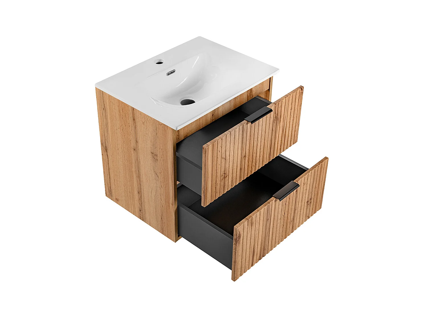 Ensemble meuble simple vasque encastrée 60cm miroir LED et colonne Adriel Bois