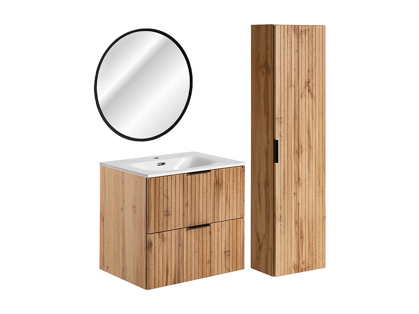 Conjunto de lavatório individual de 60 cm com espelho LED e coluna de madeira Adriel