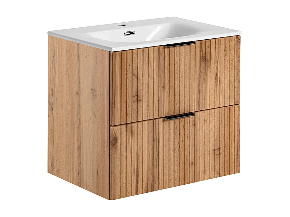 Conjunto de lavatório individual de 60 cm com espelho LED e coluna de madeira Adriel