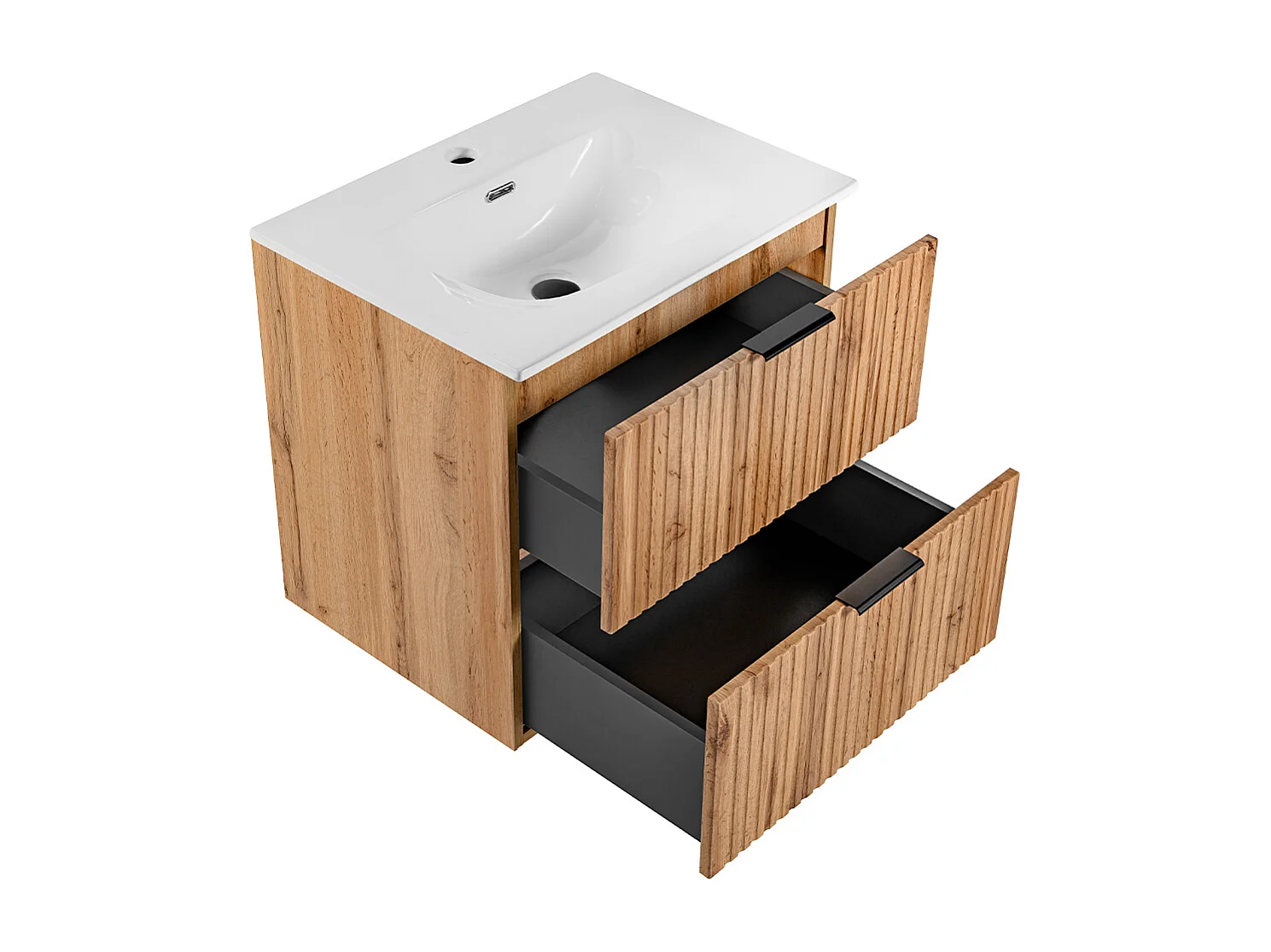 Conjunto de lavatório individual de 60 cm com espelho LED e coluna de madeira Adriel