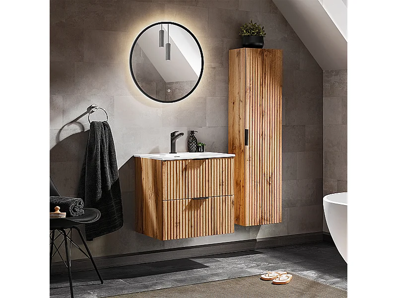 Conjunto de muebles con lavabo individual encastrado 60cm espejo LED y columna Adriel Madera