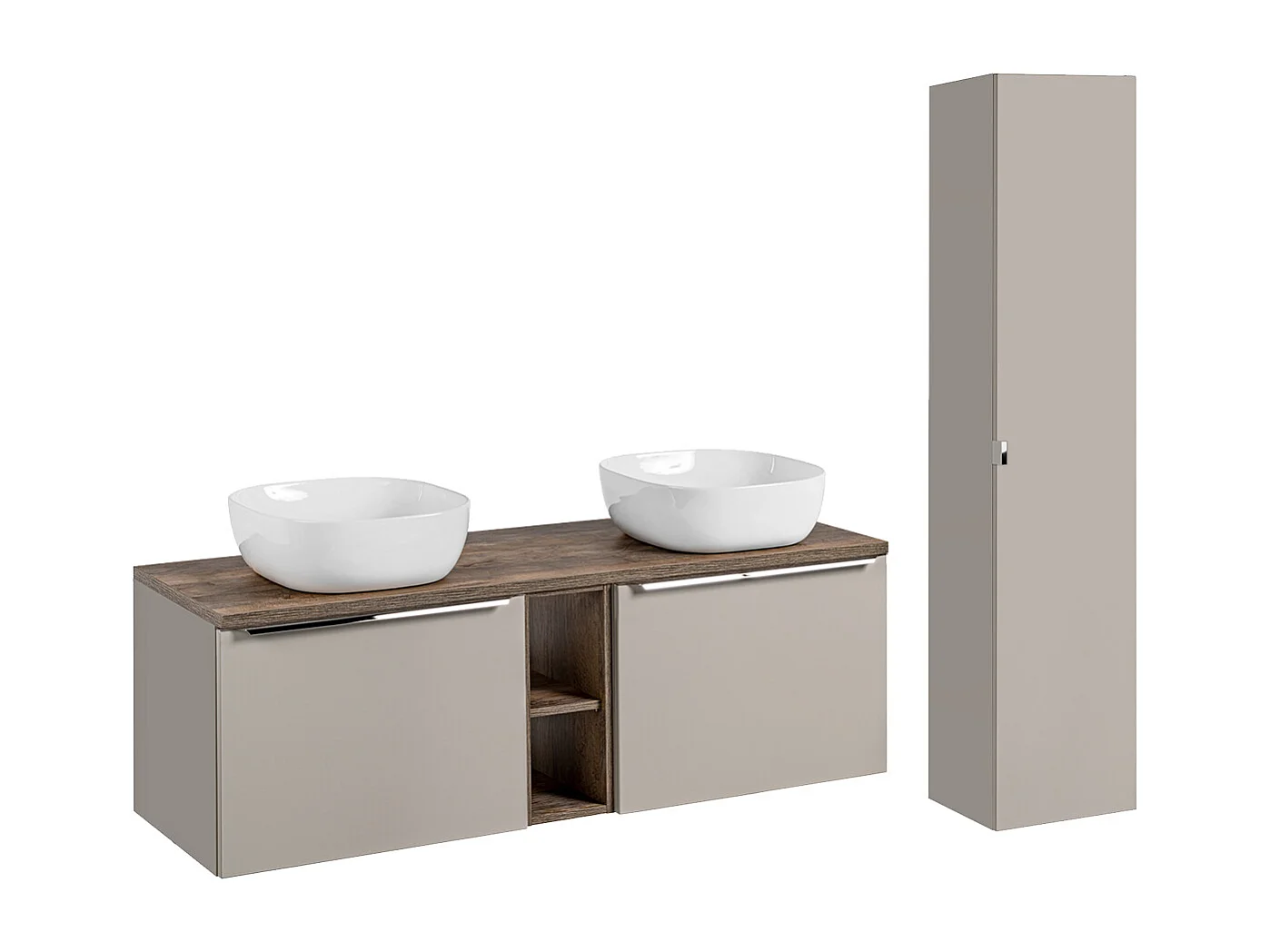 140cm dubbele wastafel met 2 nissen en Éros Taupe kolom