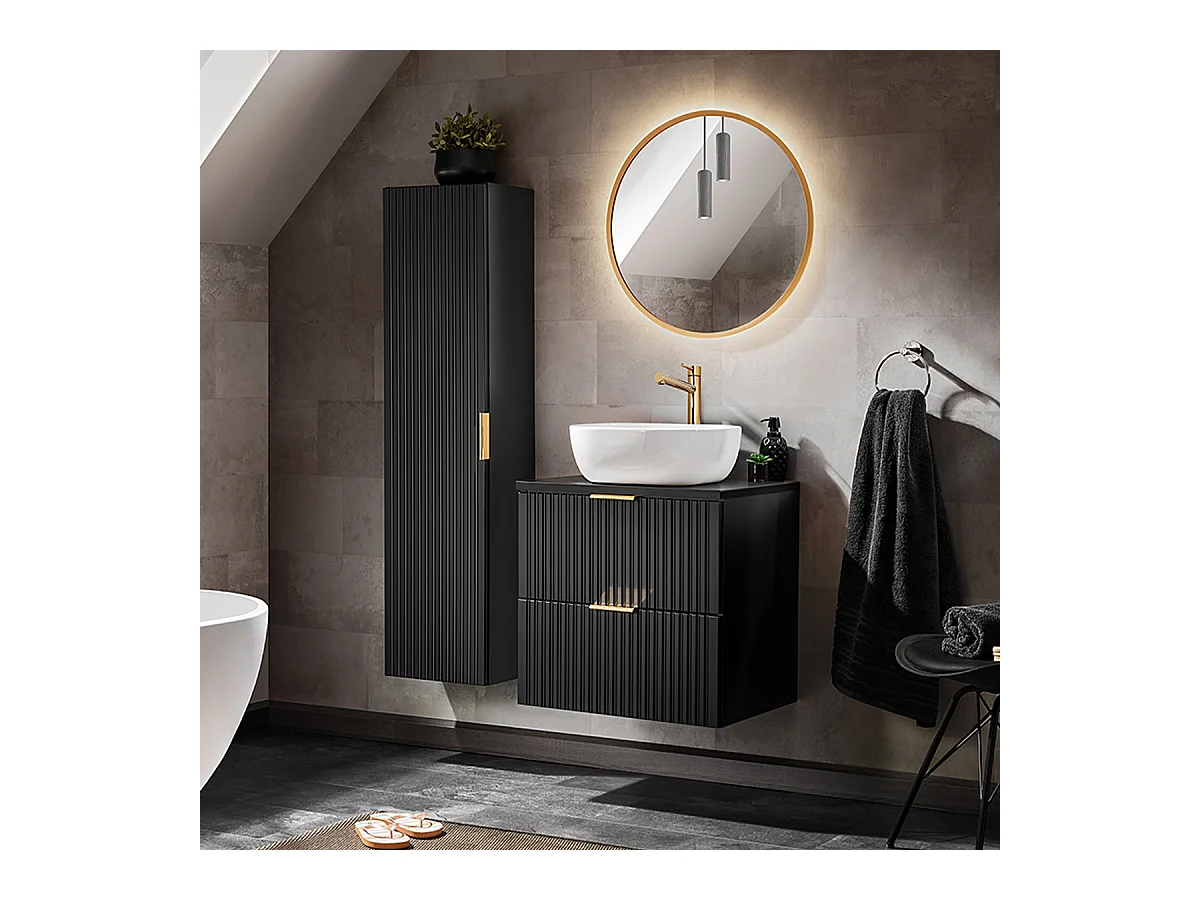 Ensemble meuble simple vasque 60cm miroir LED et colonne Adriel Noir