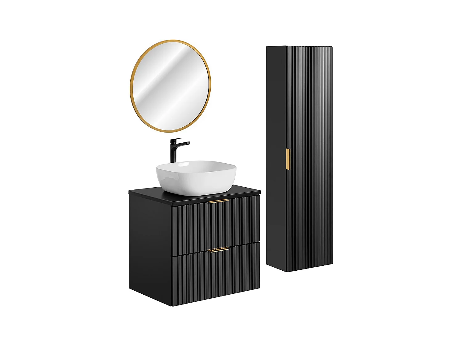 Ensemble meuble simple vasque 60cm miroir LED et colonne Adriel Noir