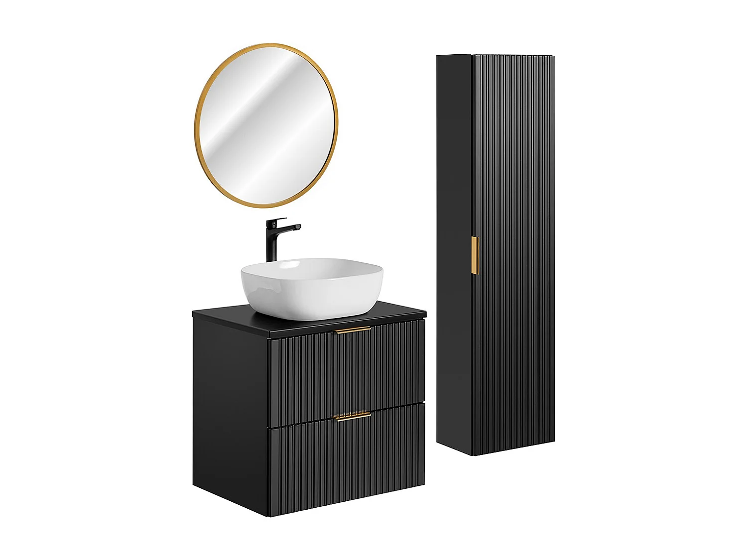 Ensemble meuble simple vasque 60cm miroir LED et colonne Adriel Noir