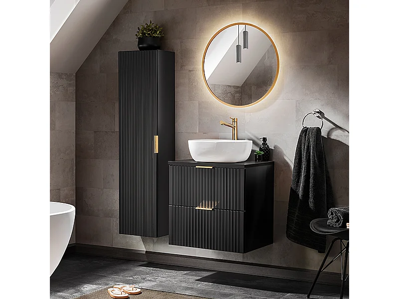 Ensemble meuble simple vasque 60cm miroir LED et colonne Adriel Noir