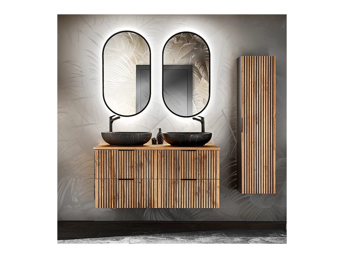 Ensemble meuble double vasque 120cm miroirs LED et colonne Gaia Bois et Noir - Vasque Noir