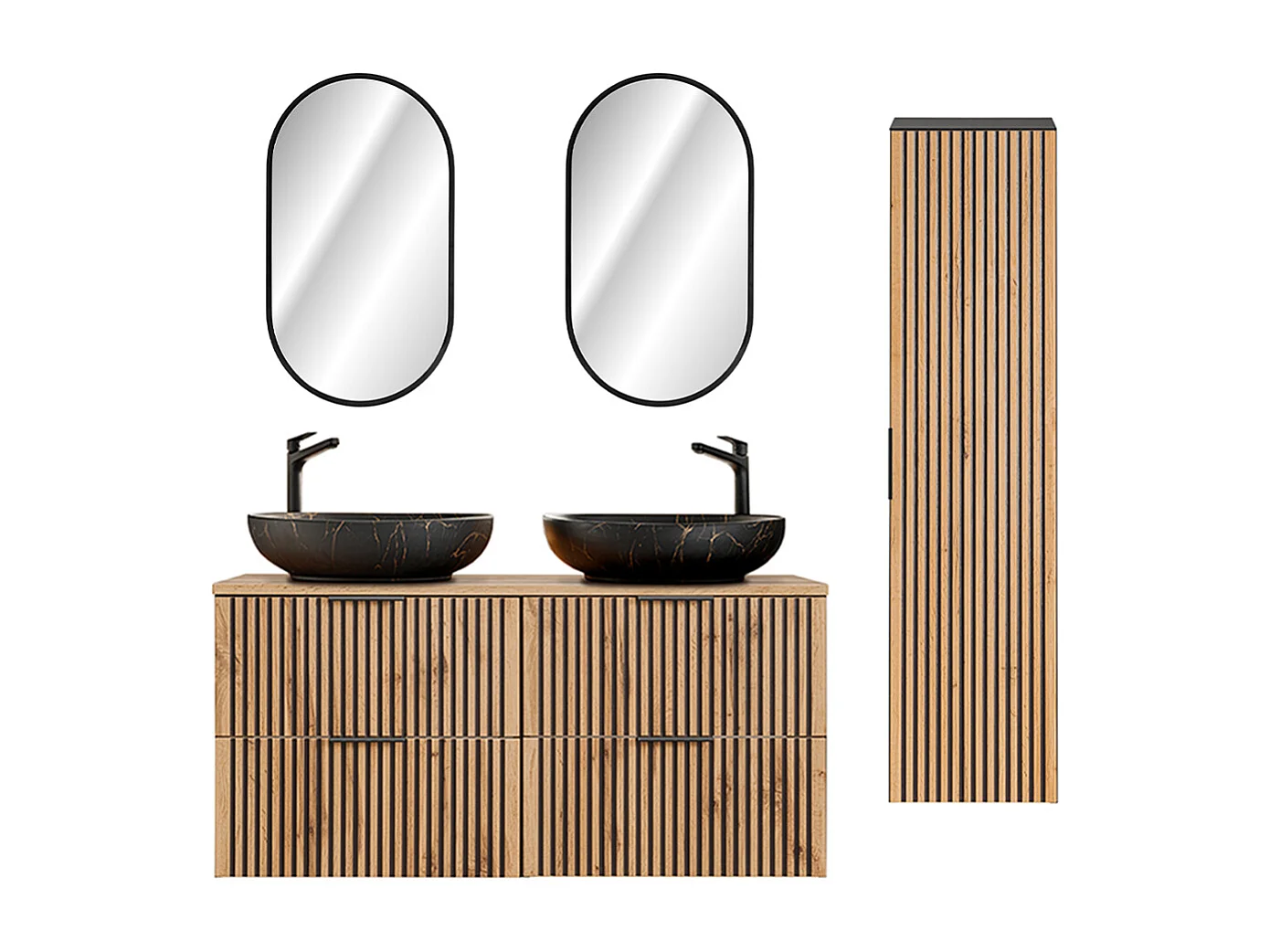 Ensemble meuble double vasque 120cm miroirs LED et colonne Gaia Bois et Noir - Vasque Noir