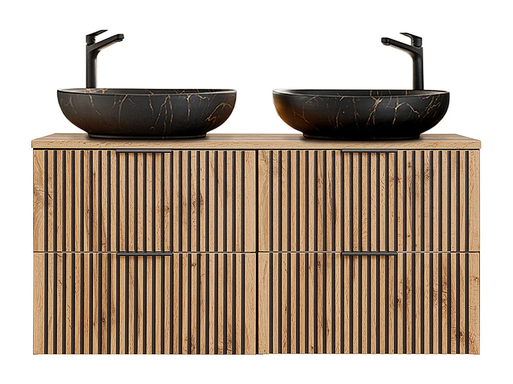 Ensemble meuble double vasque 120cm miroirs LED et colonne Gaia Bois et Noir - Vasque Noir