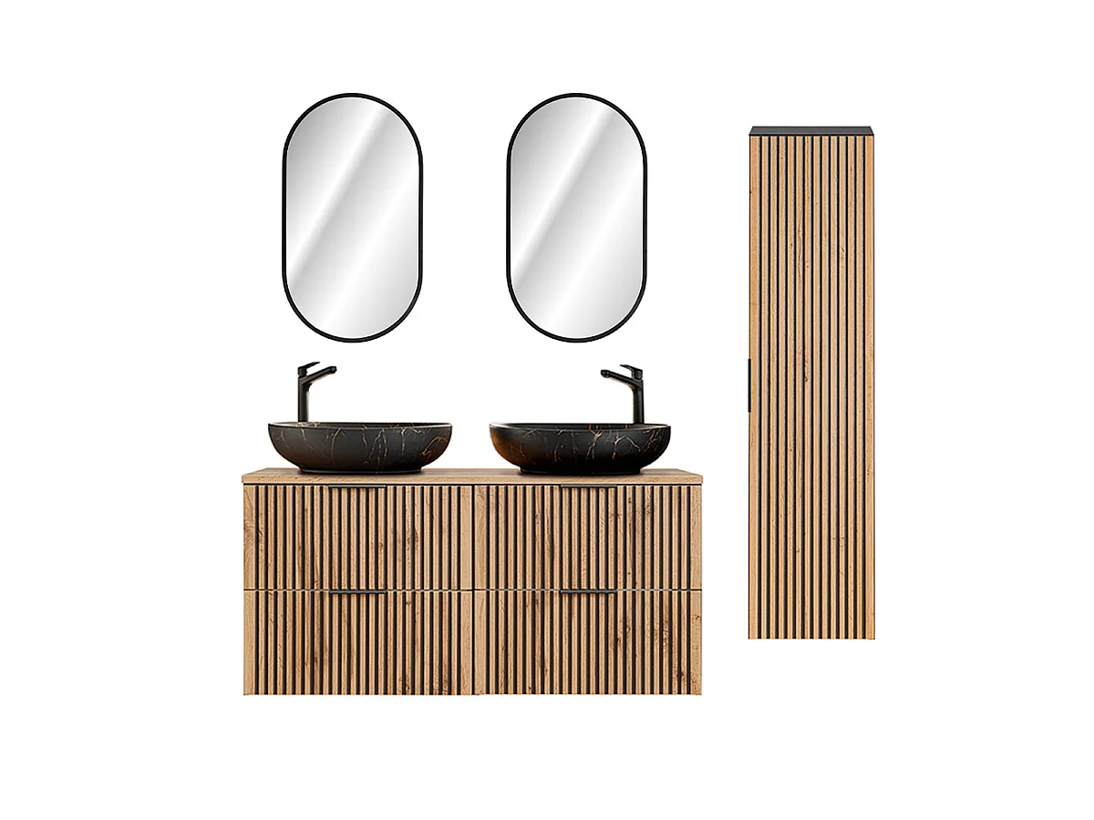 Set di lavabi doppi da 120 cm con specchi a LED e mobiletto Gaia in legno e nero - Lavabo nero
