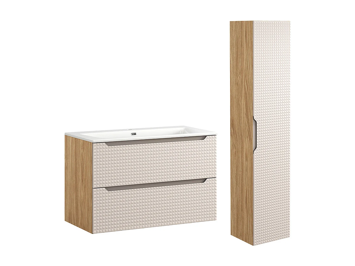 Conjunto mueble lavabo individual encastrado 90cm y columna Mallory Beige y madera