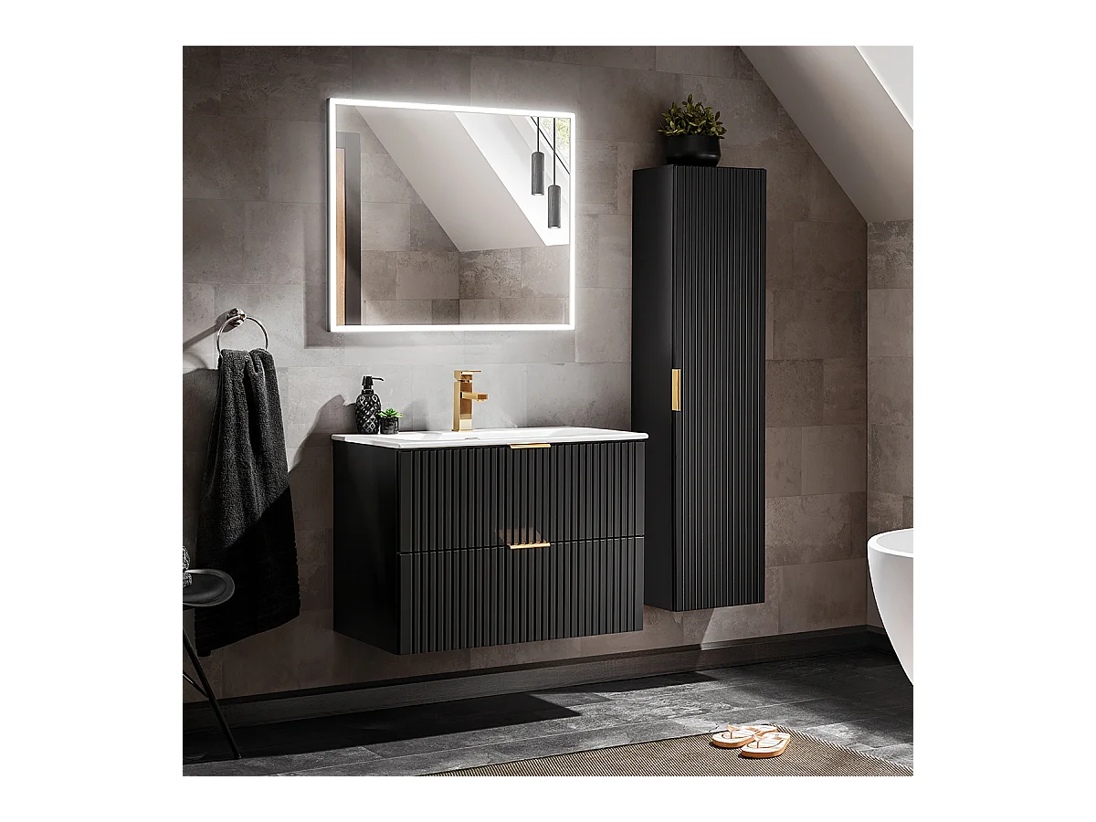 Ensemble meuble simple vasque encastrée 80cm miroir LED et colonne Adriel Noir