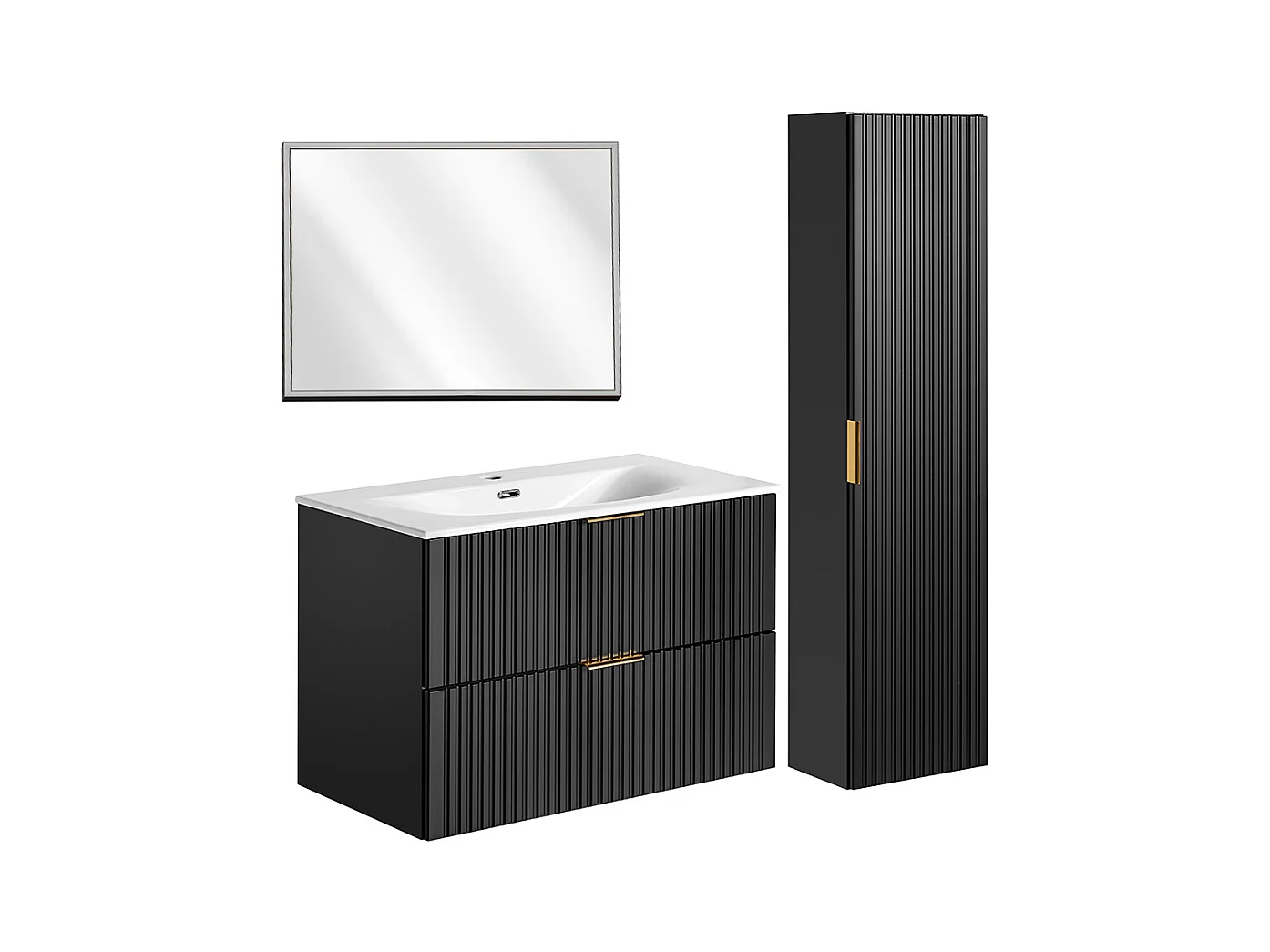 Ensemble meuble simple vasque encastrée 80cm miroir LED et colonne Adriel Noir