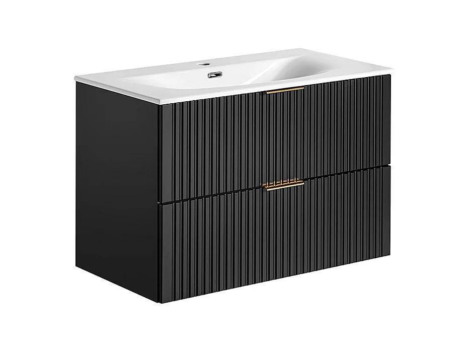 Ensemble meuble simple vasque encastrée 80cm miroir LED et colonne Adriel Noir