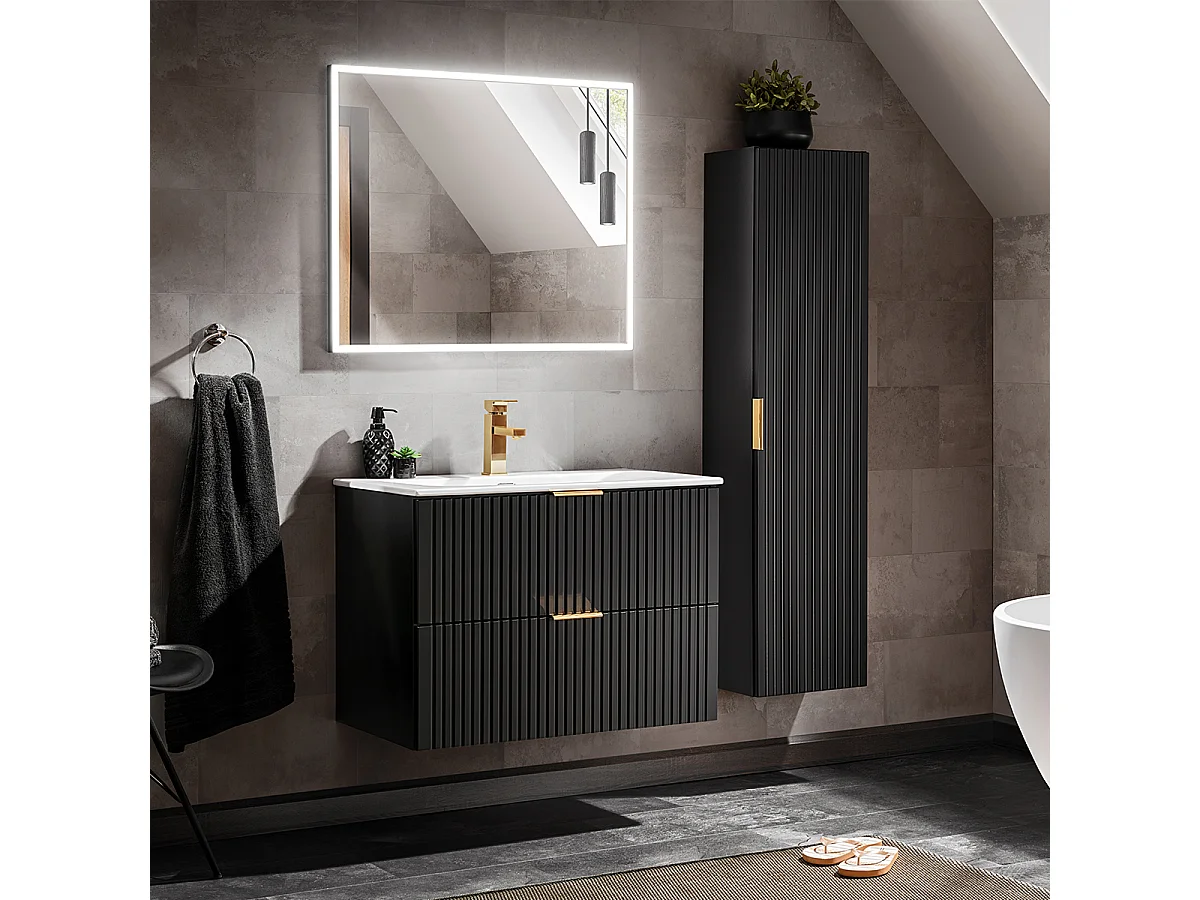 Conjunto de muebles con lavabo individual encastrado 80cm espejo LED y columna Adriel Negro