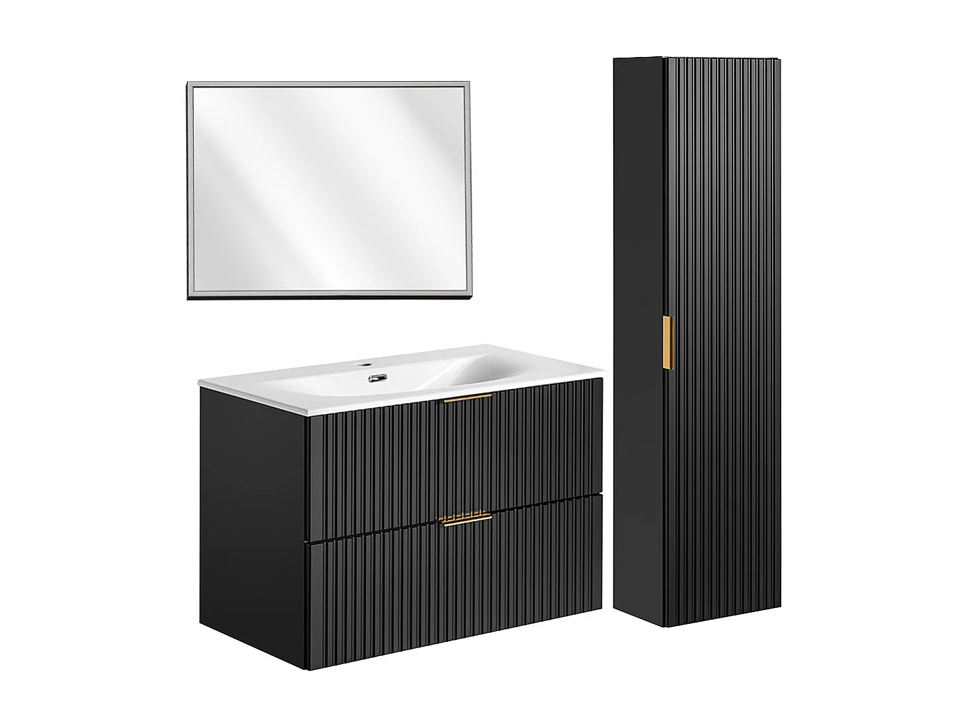 Conjunto de muebles con lavabo individual encastrado 80cm espejo LED y columna Adriel Negro