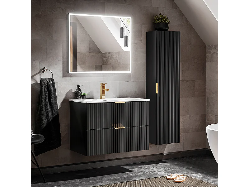 Conjunto de muebles con lavabo individual encastrado 80cm espejo LED y columna Adriel Negro