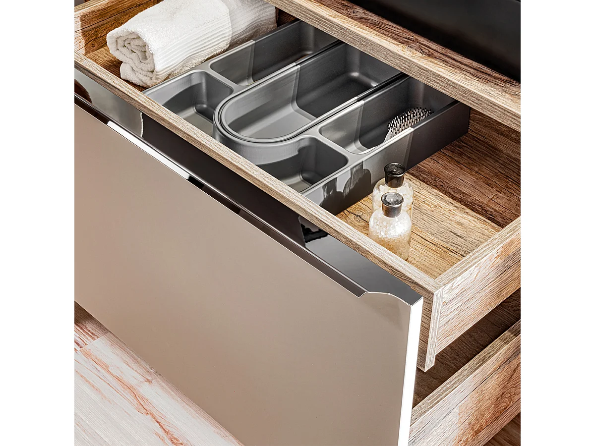 Conjunto de móveis Santa Fe Taupe 60 cm com tampo, lavatório de pousar Smile, móvel alto e móvel com espelho