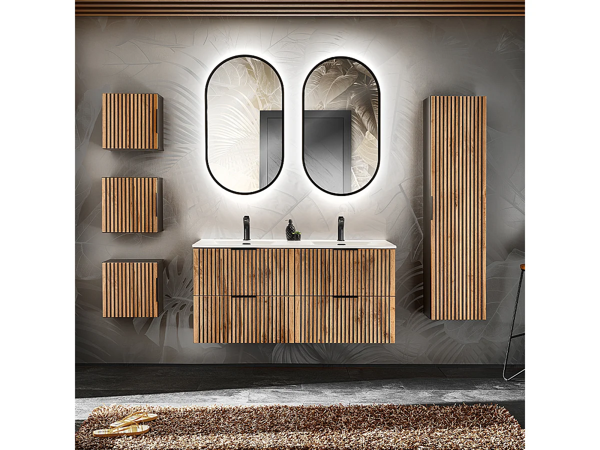 Ensemble meuble double vasque encastrée 120cm miroirs LED colonne et 3 armoires murales Gaia Bois et Noir