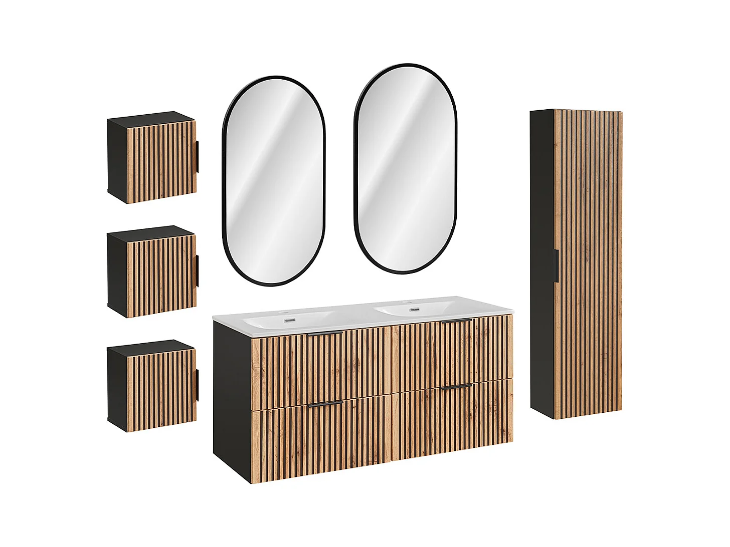 Ensemble meuble double vasque encastrée 120cm miroirs LED colonne et 3 armoires murales Gaia Bois et Noir