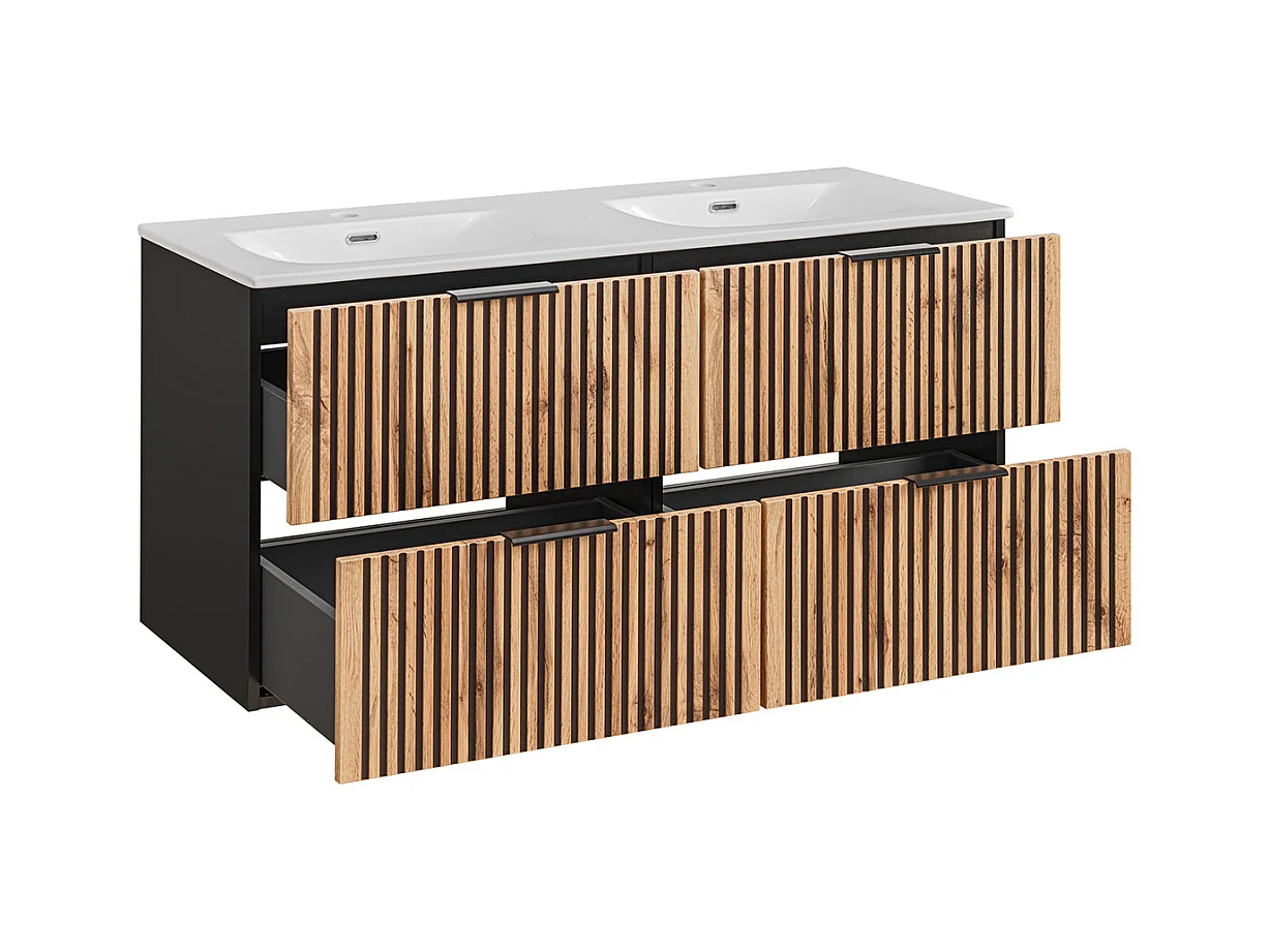 Ensemble meuble double vasque encastrée 120cm miroirs LED colonne et 3 armoires murales Gaia Bois et Noir