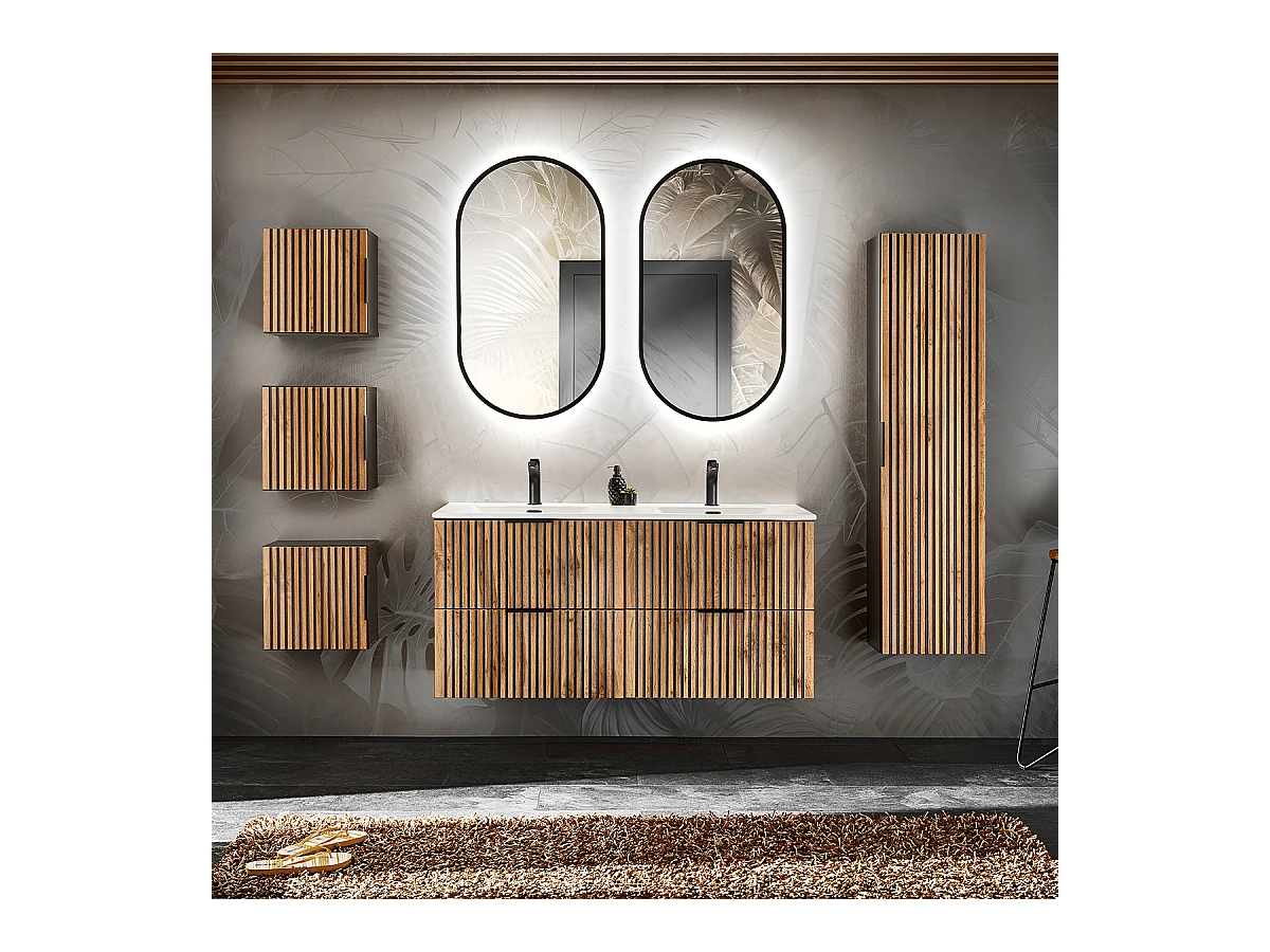 Set van 120cm dubbele inbouwwastafel met LED kolomspiegels en 3 Gaia hout en zwarte wandkasten