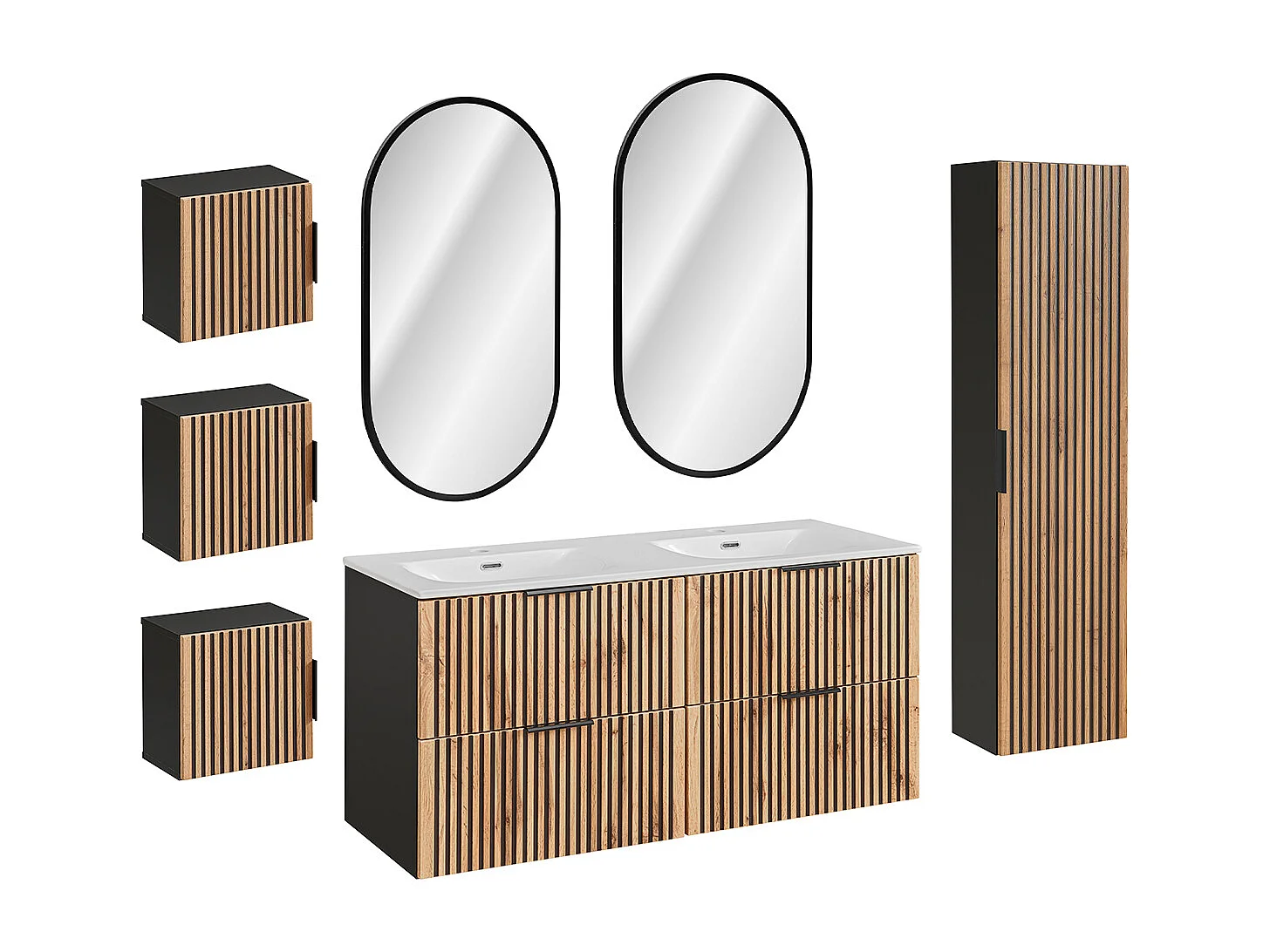Ensemble meuble double vasque encastrée 120cm miroirs LED colonne et 3 armoires murales Gaia Bois et Noir