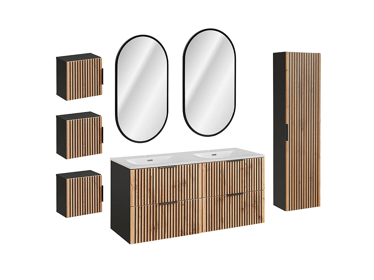Set di lavabo doppio da incasso da 120 cm con specchi a colonna LED e 3 pensili Gaia in legno e nero