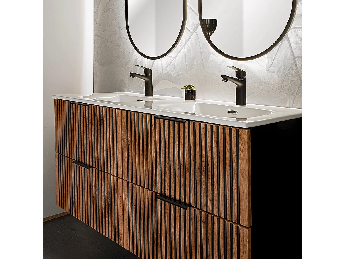 Set di lavabo doppio da incasso da 120 cm con specchi a colonna LED e 3 pensili Gaia in legno e nero