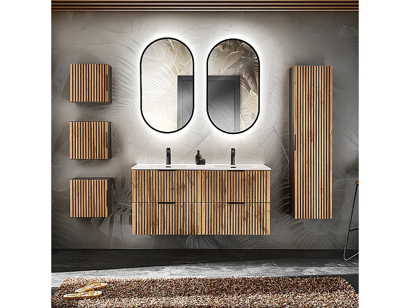 Ensemble meuble double vasque encastrée 120cm miroirs LED colonne et 3 armoires murales Gaia Bois et Noir