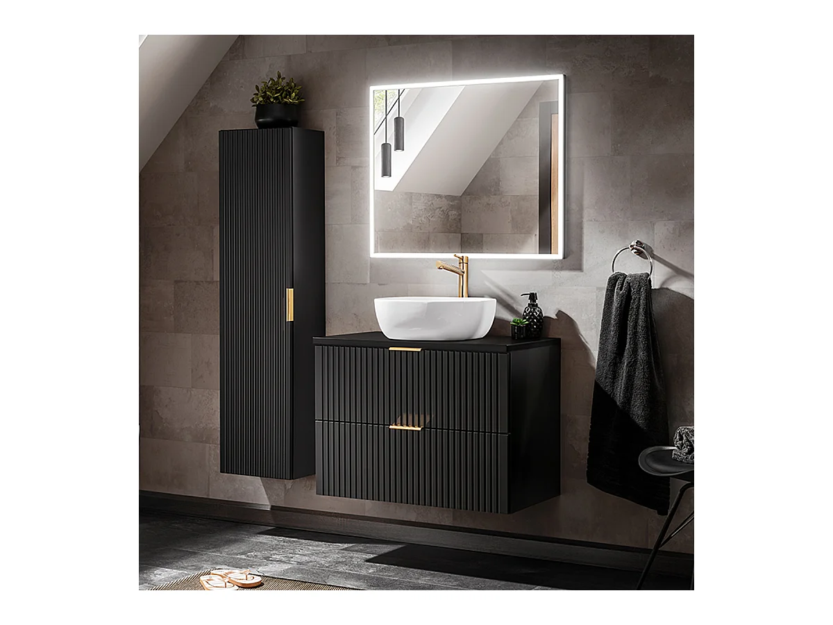 Ensemble meuble simple vasque 80cm miroir LED et colonne Adriel Noir