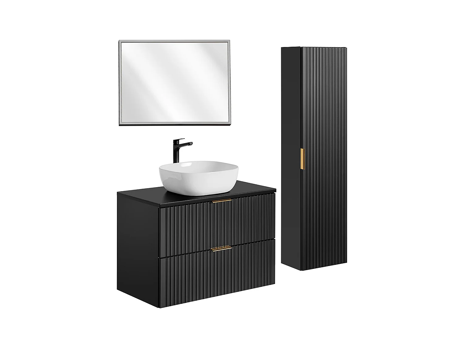 Ensemble meuble simple vasque 80cm miroir LED et colonne Adriel Noir