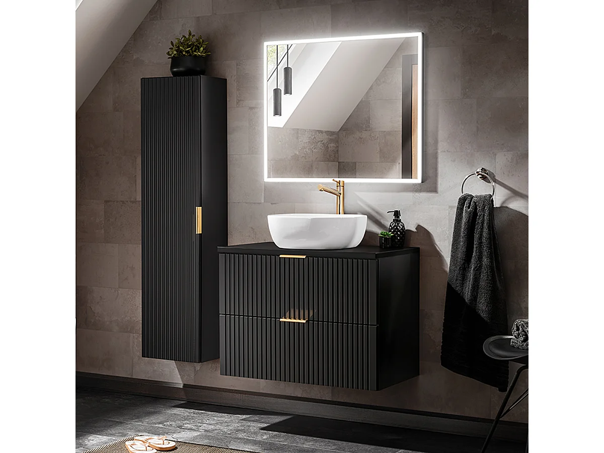 Conjunto de muebles con lavabo individual 80cm espejo LED y columna Adriel Negro